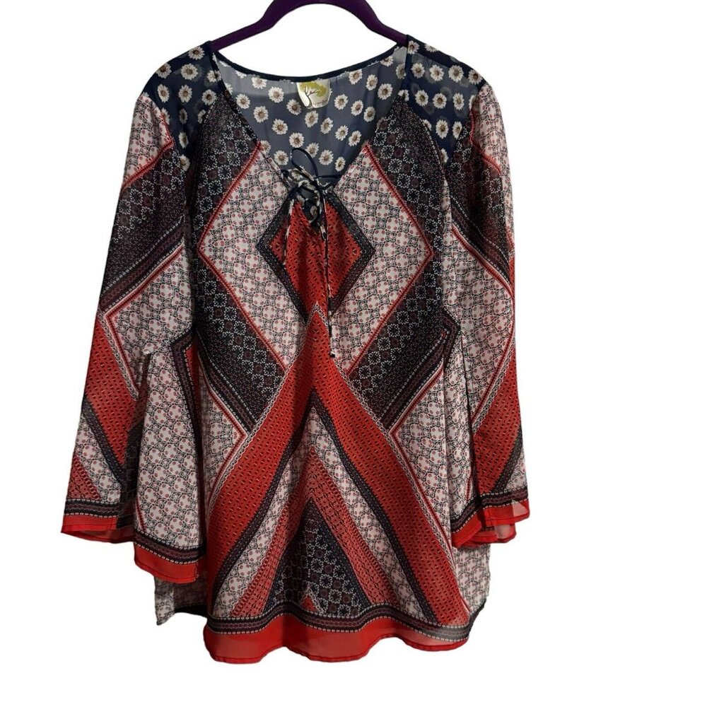 Fig‎ & Flowers BOHO Top Womens Size L Floral 3/4 Sleeve Sheer Lightweight